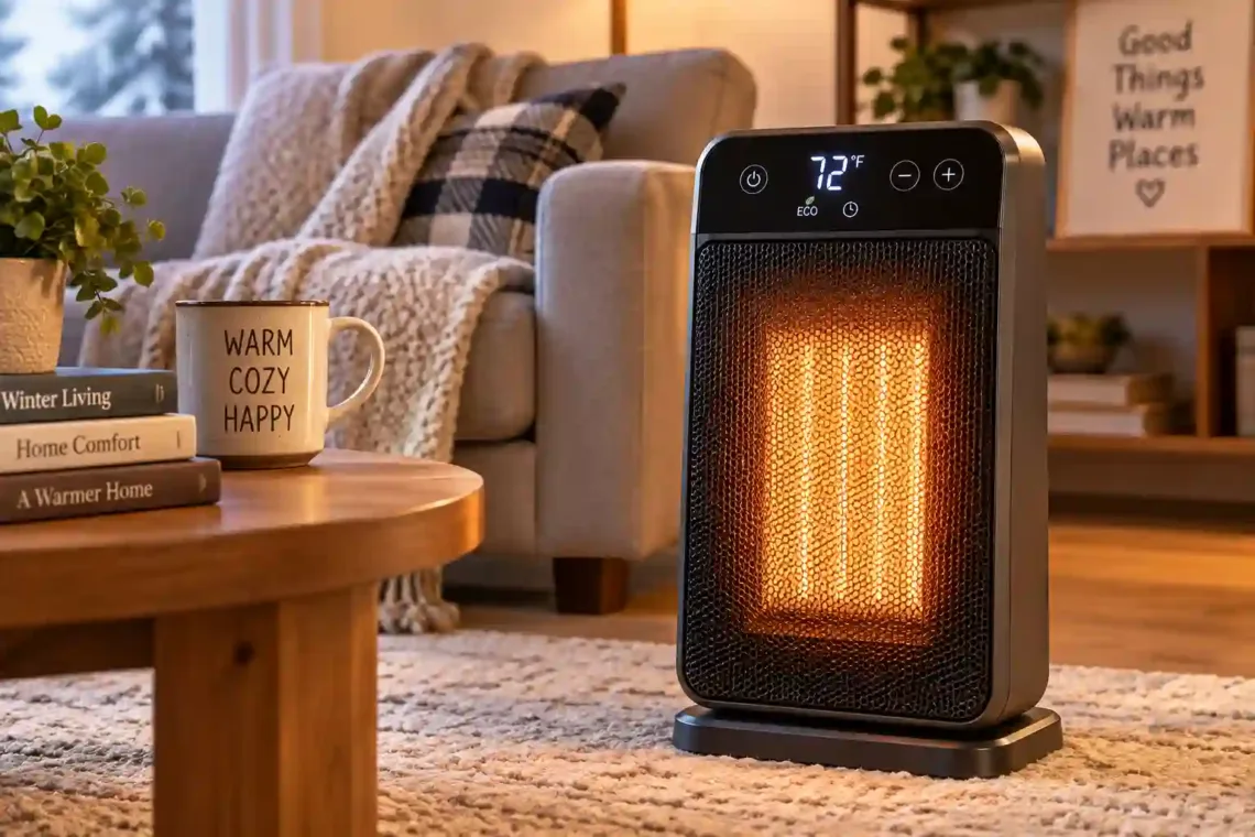 Portable electric space heater with digital thermostat in a cozy living room