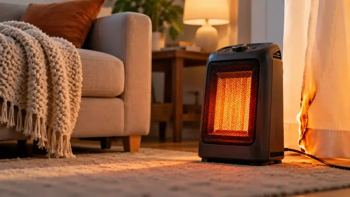 Space heater placed too close to a curtain causing a fire risk